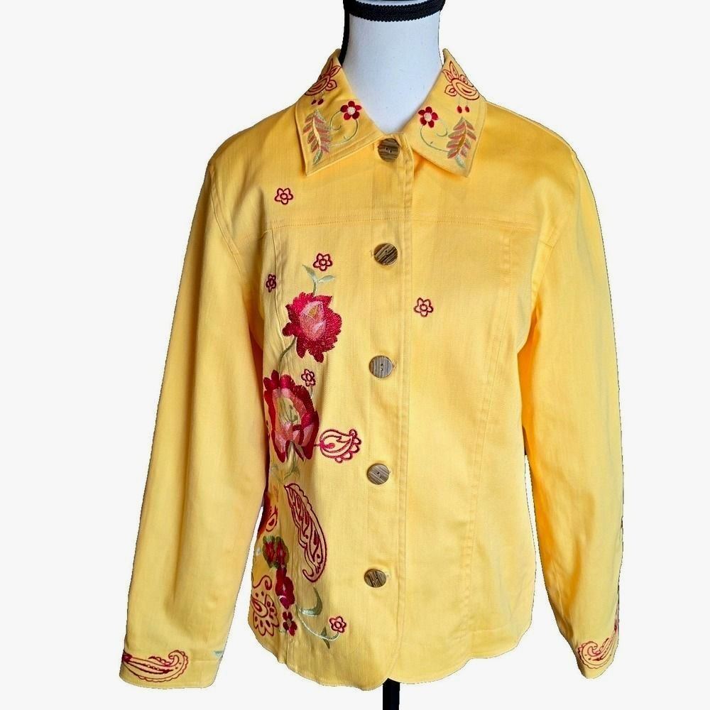 Embroidered Floral Jacket Coldwater Creek Yellow Button AVA Women's S